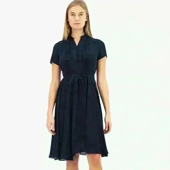 Nanette Lepore Dresses & Skirts - Nanette Lepore Navy Blue Tie Front Pintuck Flutter Sleeve with Slip Women Size 4